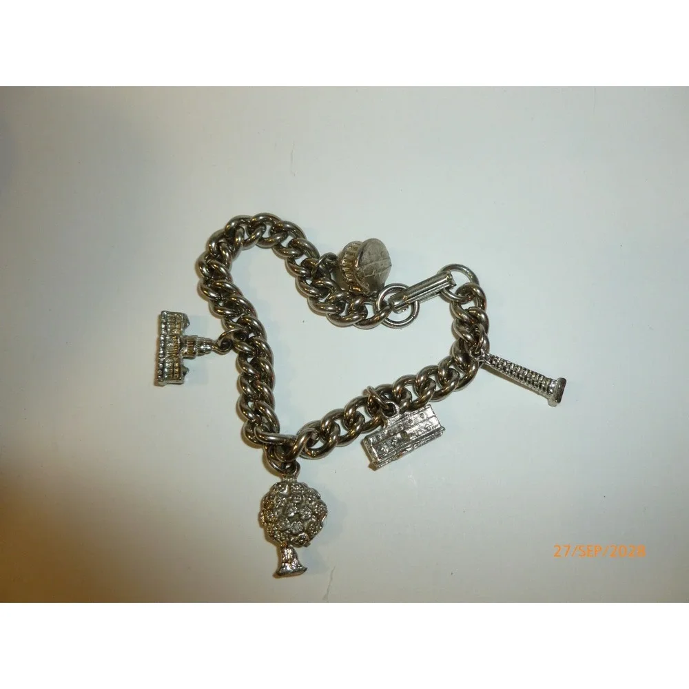 Vintage Silver Tone Curb Link Charm Bracelet 5 Charms Tree Building Monument 7in
